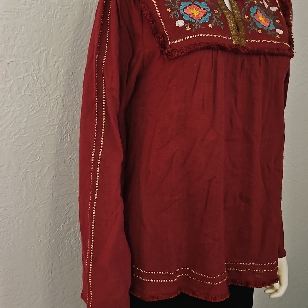 GRACE & LACE Floral Mexican Embroidered Maroon Fringe Long Sleeve Cotton Top - Picture 5 of 12